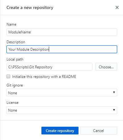 Menu for creating a new repository, filling out Name and Description