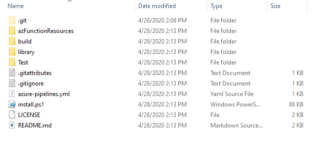 A folder with a lot of files and folders, still containing the .git folder and the .gitattributes files, among the rest of the files provided by the template